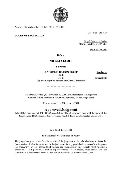 File:An NHS Foundation Trust v Ms X (2014) EWHC 35 (COP), (2014) MHLO 96.pdf