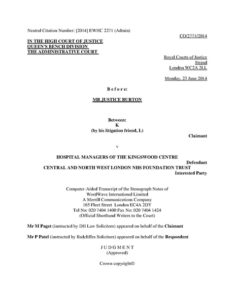 File:K v Hospital Managers of the Kingswood Centre (2014) EWHC 2271 (Admin), (2014) MHLO 101.pdf