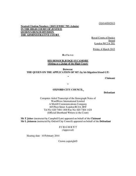 File:R (MT) v Oxford City Council (2015) EWHC 795 (Admin), (2015) MHLO 47.pdf