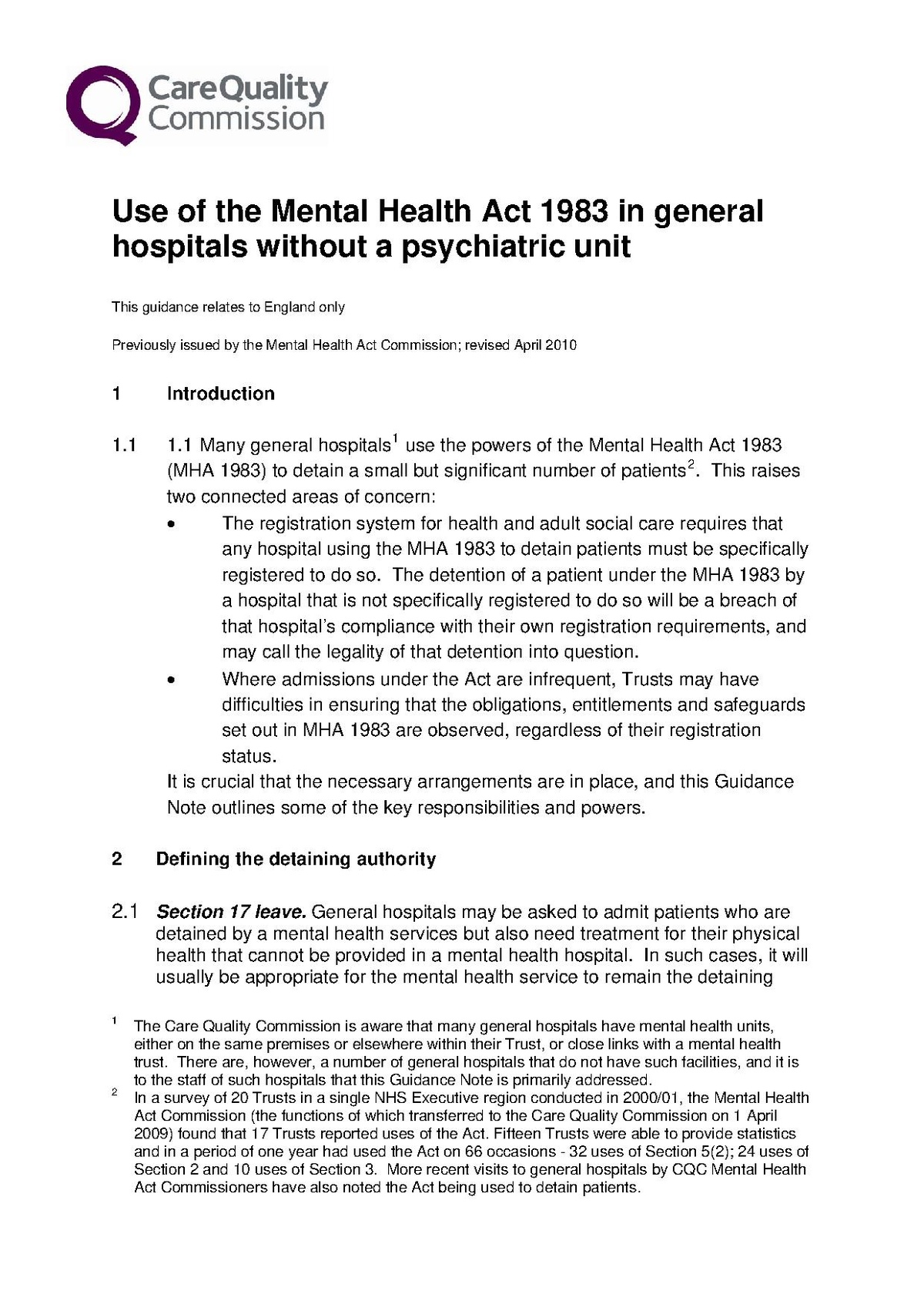 CQC, 'Use of the Mental Health Act 1983 in general