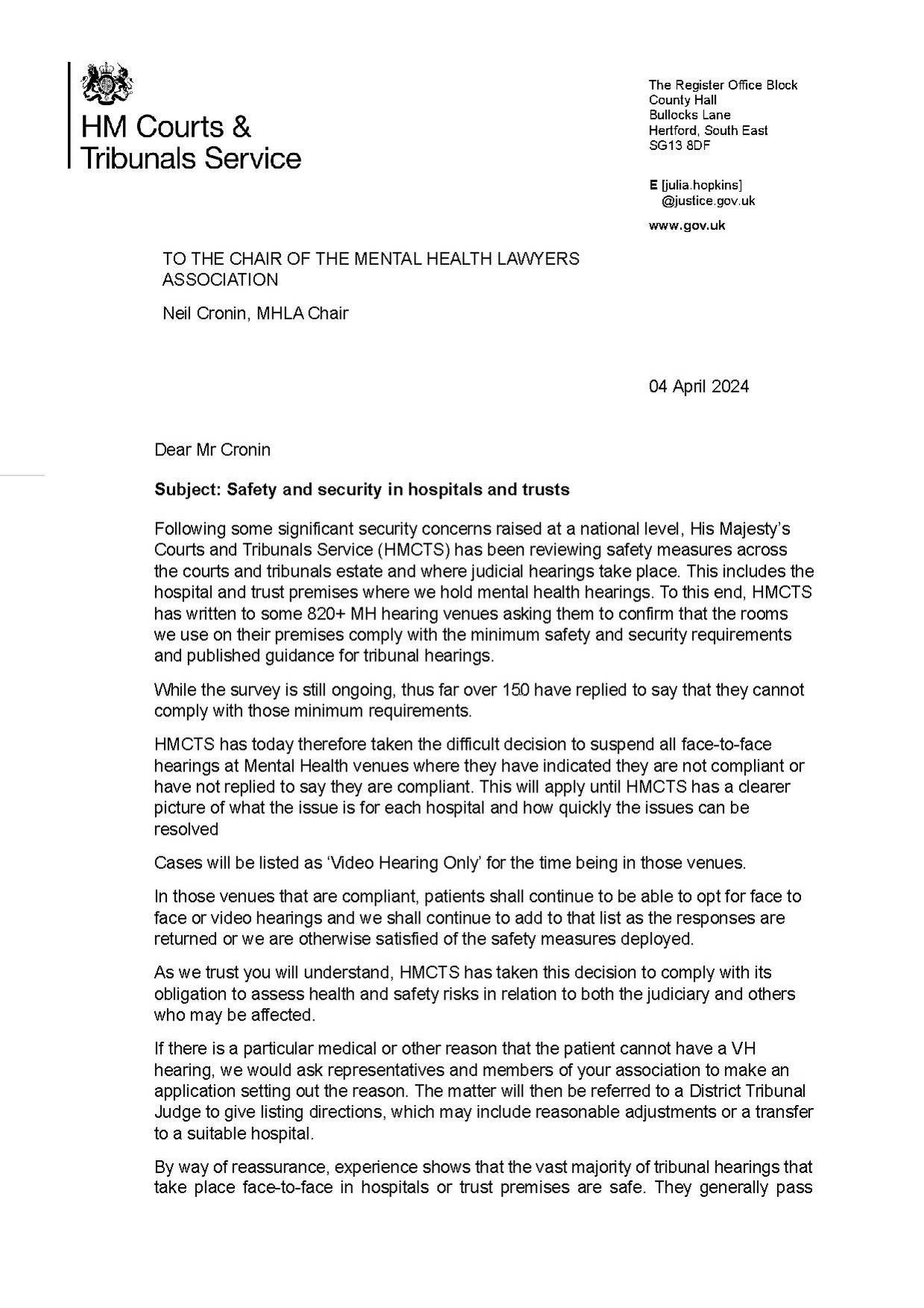 2024-04-04 HMCTS letter to MHLA - Safety and security in hospitals and trusts.pdf