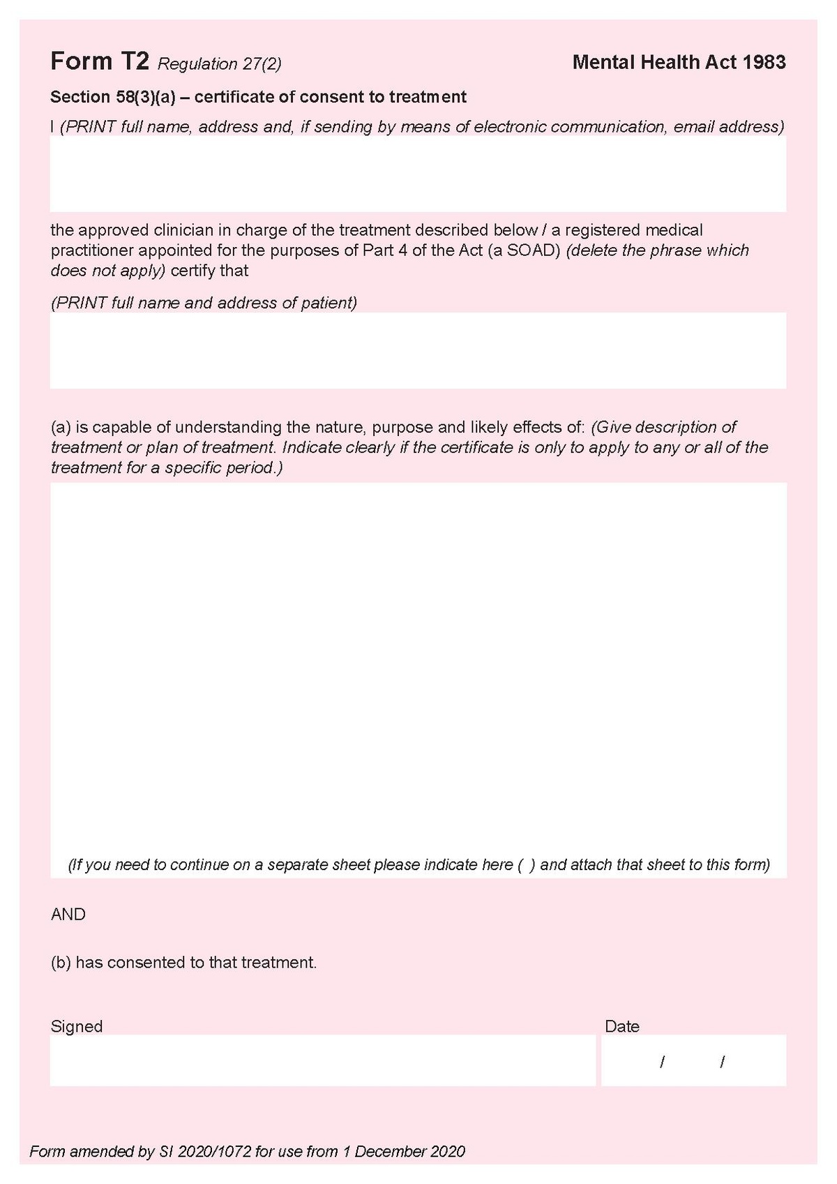 Form T2 Section 58(3)(a) certificate of consent to treatment