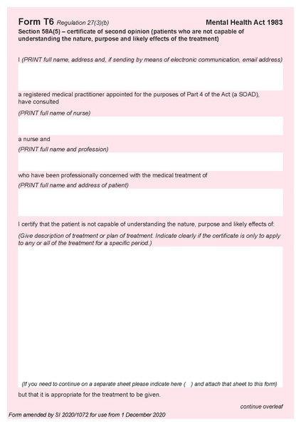 File:Form T6 section 58A(5) - certificate of second opinion (patients who are not capable of understanding the nature, purpose and likely effects of the treatment).pdf